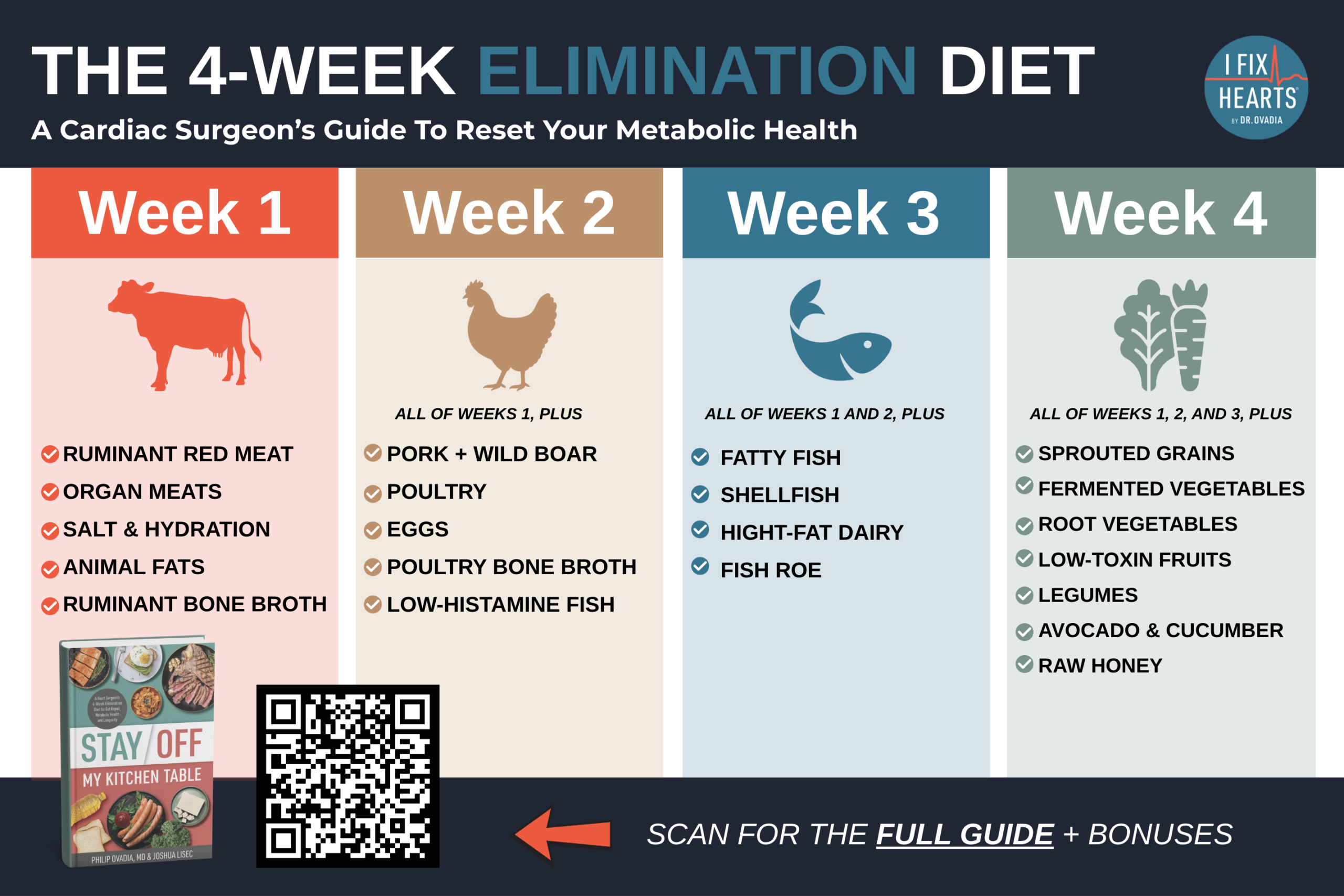 The 4-Week Elimination Diet fridge magnet — week-by-week food lists from ruminant red meat in Week 1 through low-toxin fruits and raw honey in Week 4.
